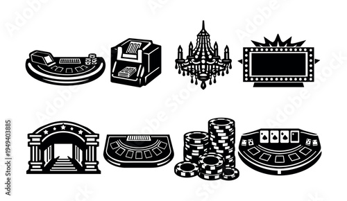 Collection of casino icons vector set including roulette table chandelier poker chips slot machine
