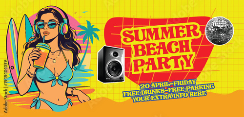 Retro vintage pop art comic style summer tropical beach party horizontal banner with woman surfing boards and speaker equipment on yellow grid background for seasonal music event advertisement