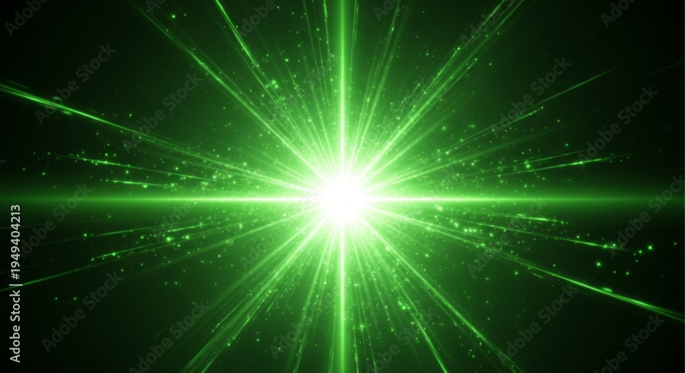 Fototapeta premium Bright Green Laser Beam Exploding Outward in Darkness.