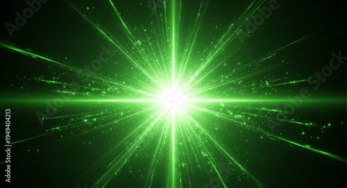 Bright Green Laser Beam Exploding Outward in Darkness.