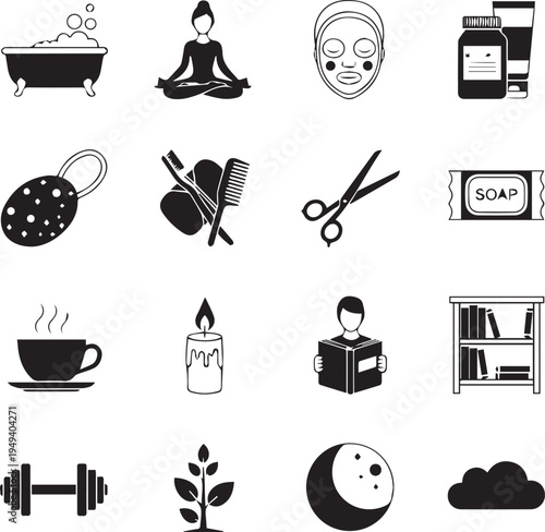 Collection of icons representing wellness self care and relaxation