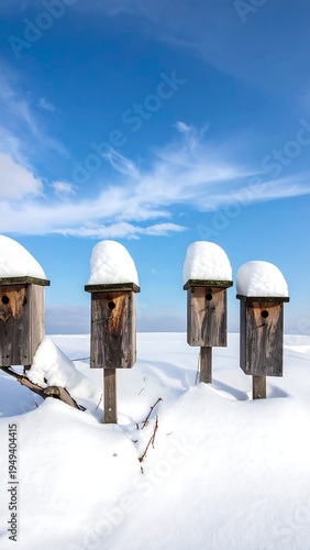 Four birdhouses in snow under a clear blue sky