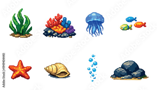 Sea life and underwater elements arranged in grid backdrop