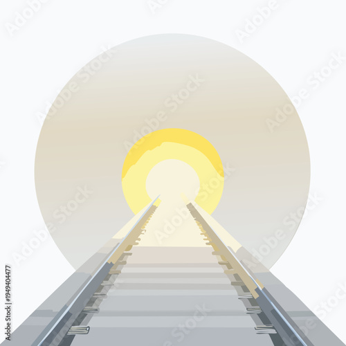 Abstract illustration of railway track leading to bright light and tunnel design