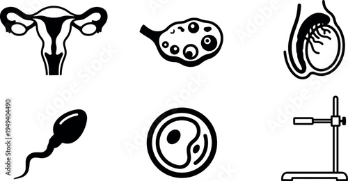 Black and white vector icons of male female reproductive organs sperm egg ovary testis and laboratory stand equipment