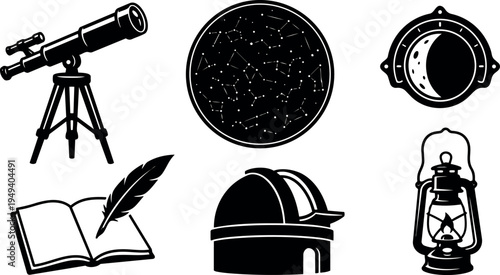 Black silhouette astronomy icons set including telescope on tripod open book quill star chart moon lantern and observatory dome vector art