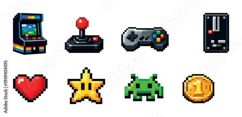 Retro gaming icons and powerups arranged in grid backdrop