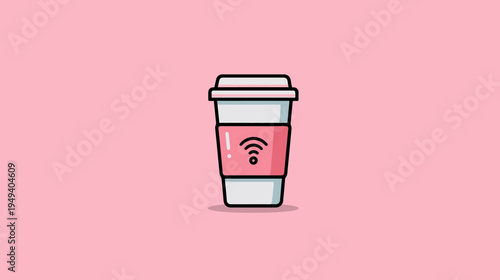 A digital illustration of a coffee cup with a Wi-Fi symbol on a pink background