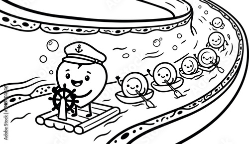 Cute heart captain steering raft with smiling blood cells rowing small boats inside vein vessel black line art