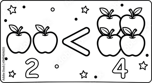 Black and white flat design illustration of two apples less than four apples with numbers and stars around