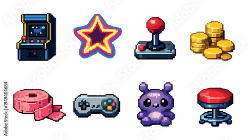 Arcade icons arranged as game tokens on dark background