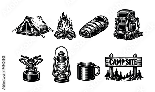 Vintage camping equipment set with tent lantern backpack campfire black and white vector illustrations