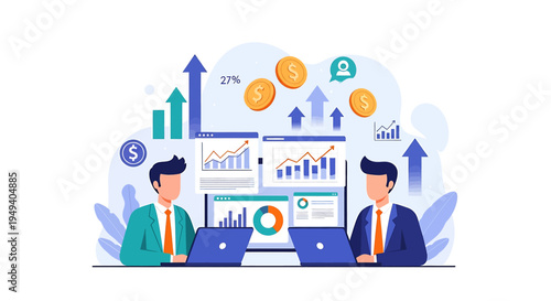 Two men engaged in business discussion surrounded by dynamic data visualizations and financial icons on laptops and central monitor