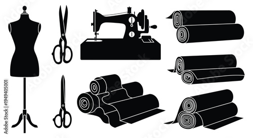 A collection of sewing and tailoring tools is displayed against a white background presented as a silhouette high quality professional detailed