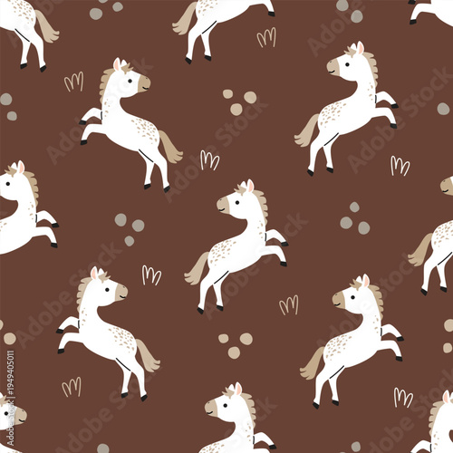 Cartoon horses seamless pattern. Playful animals white and beige colors on brown background. Cute print on fabric and paper. Vector design for textile, package, endless wallpaper, cover, backdrop.