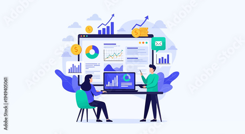 Modern Data Analysts Collaborating with Visual Aids and Statistics in Business Analytics Workspace