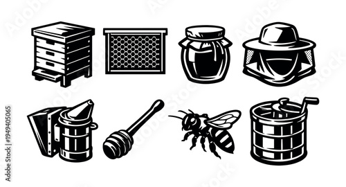 Vector set of beekeeping equipment icons in black and white silhouette style