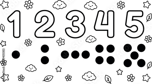 Cute cartoon style black and white numbers one to five with braille and smiling cloud flowers stars leaves vector illustration
