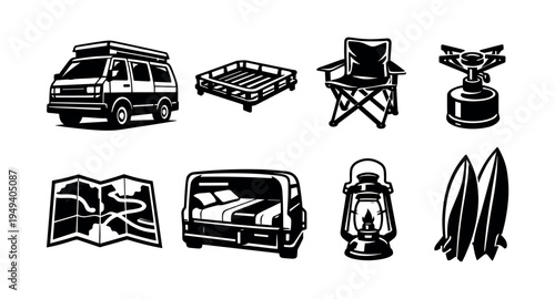 Black and white vintage camping gear vector set with van lantern map surfboards