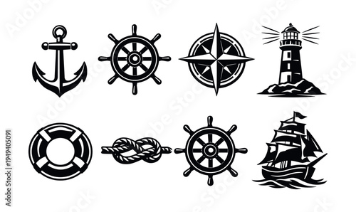 Nautical themed vector illustration set with anchors, compasses, and ships in black and white