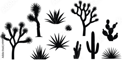 Desert Plants Silhouette Set with Cactus, Agave and Joshua Tree Collection, Botanical Vector Illustration Bundle for Desert Landscape Design, Isolated Nature Graphic Elements Pack