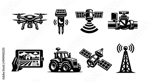 Black and white vector illustrations of agriculture technology and farming equipment icons