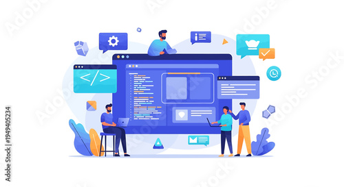 Vibrant Digital Illustration of Collaborative Coding Teamwork in Technology-Focused Workspace with Communication Icons and Productivity Symbols