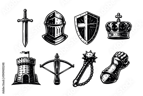Medieval armor and weapon vector set with sword shield helmet and castle