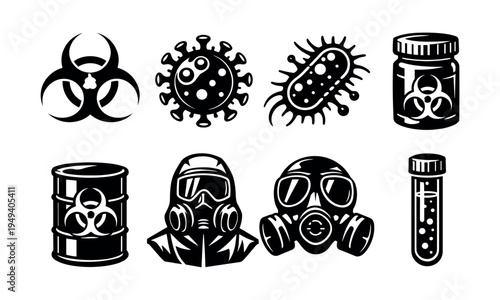 Black and white vector illustration of hazardous symbols and equipment including biohazard signs and gas masks