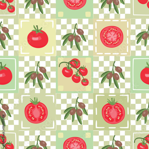 Tomatoes and olive sprigs seamless pattern. Ripe red fruits, whole and cut, in square frames. Hand drawn tartan check background. Vector organic food illustration. Cartoon print on fabric and paper.