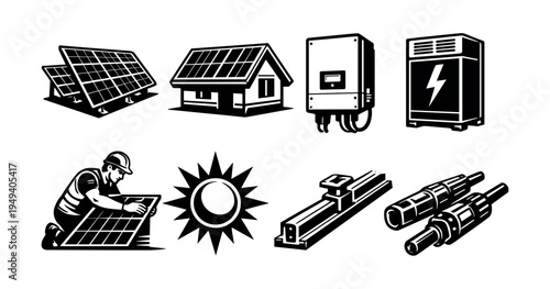 Black and white solar energy vector set with panels and equipment illustrations
