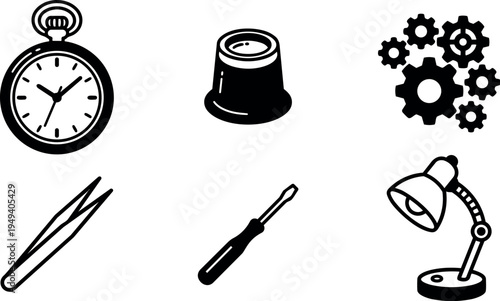 Black and white vector icons set showing pocket watch gear set screwdriver table lamp tweezers and thimble illustrations
