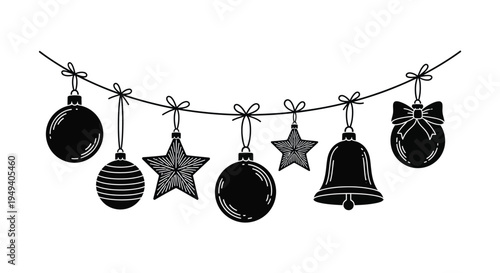 A decorative string of black ornaments including stars and bells hangs against a white background silhouette high quality professional detailed