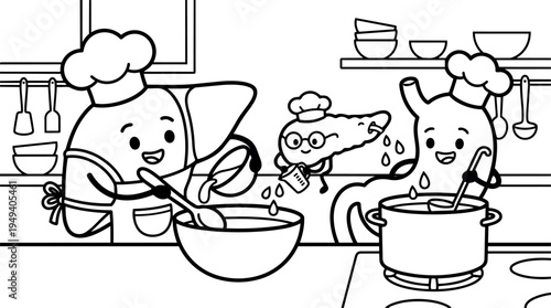 Black and white line art of human organs cooking together in kitchen smiling chefs character style
