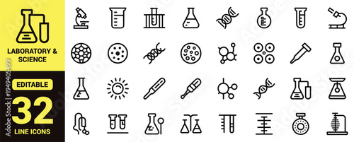 Science and laboratory icon set with chemistry tools, research equipment, biology elements, molecular structures, and high‑ranking scientific illustration components in clean modern line‑art
