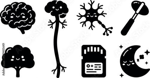 Cute black and white vector icons of smiling brain neuron tree moon and memory card with simple smiling faces