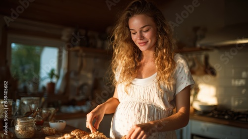 A serene pregnant woman smiling while preparing baked goods in a warm, inviting kitchen, embodying the nurturing spirit of motherhood and creativity in culinary arts.