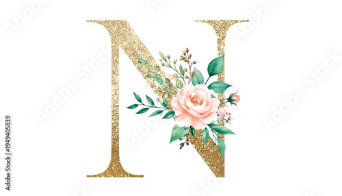 Gold initial N with floral design