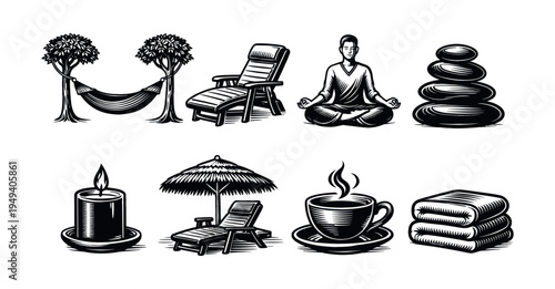 Vector illustration of relaxation elements including hammock candle and meditation stones