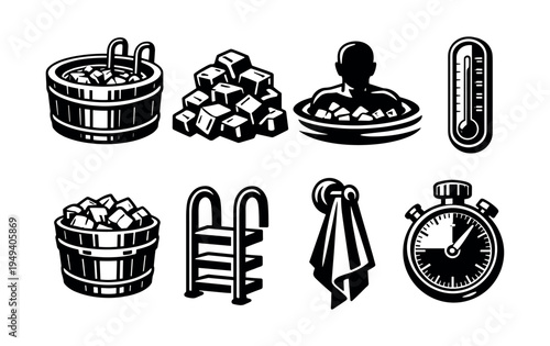 Set of black and white ice bath elements including thermometer and stopwatch