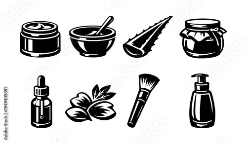 Black and white vector set of skincare and beauty products with natural elements