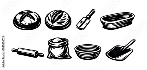 Black and white baking tools and bread vector set illustration with loaves and utensils