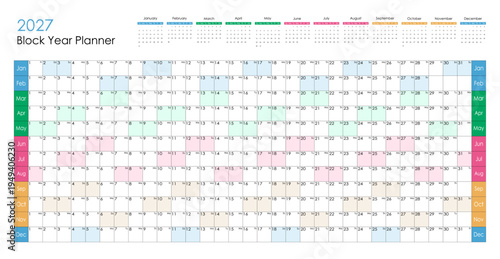 2027 colorful big block wall planner or calendar. Vector design.