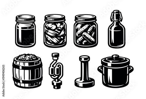 Black and white vector set of fermentation jars and equipment illustrations