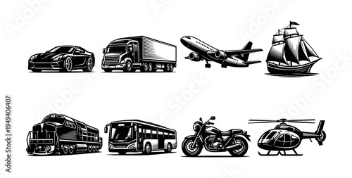 Black and white transportation vehicles set silhouette illustration of various modes