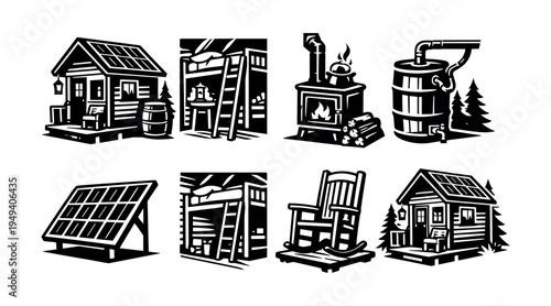 Rustic cabin set with solar panels and wood stove, black and white vector silhouette illustration