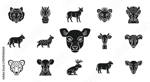 A collection of black animal head silhouettes depicting diverse species like wolves deer and bears silhouette high quality professional detailed