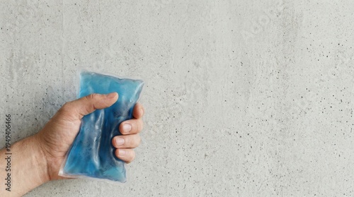 Hand holding a blue cold gel pack against a neutral concrete background. Concept of first aid, injury treatment, pain relief, and cooling therapy for inflammation or swelling.