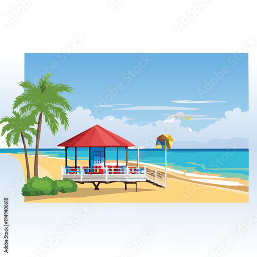 Beachfront gazebo illustration with palm trees and ocean view