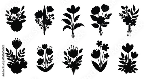 A collection of black floral arrangements and botanical illustrations presented as stark silhouettes high quality professional detailed modern elegant stylish clean